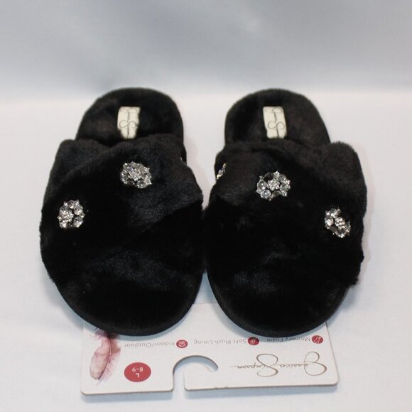 NWT Jessica Simpson Black Fur and Rhinestone Memory Foam Slippers - Picture 2 of 12